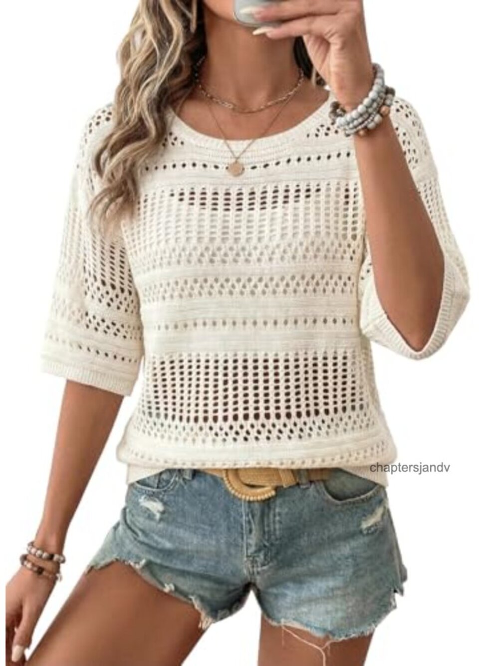 Women's Crochet Hollow Out Knit Half Sleeve Pullover Sweater